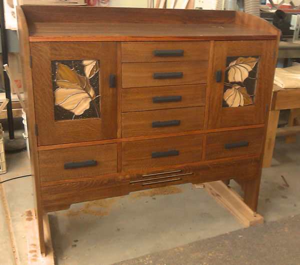 arts and crats sideboard with stained glass